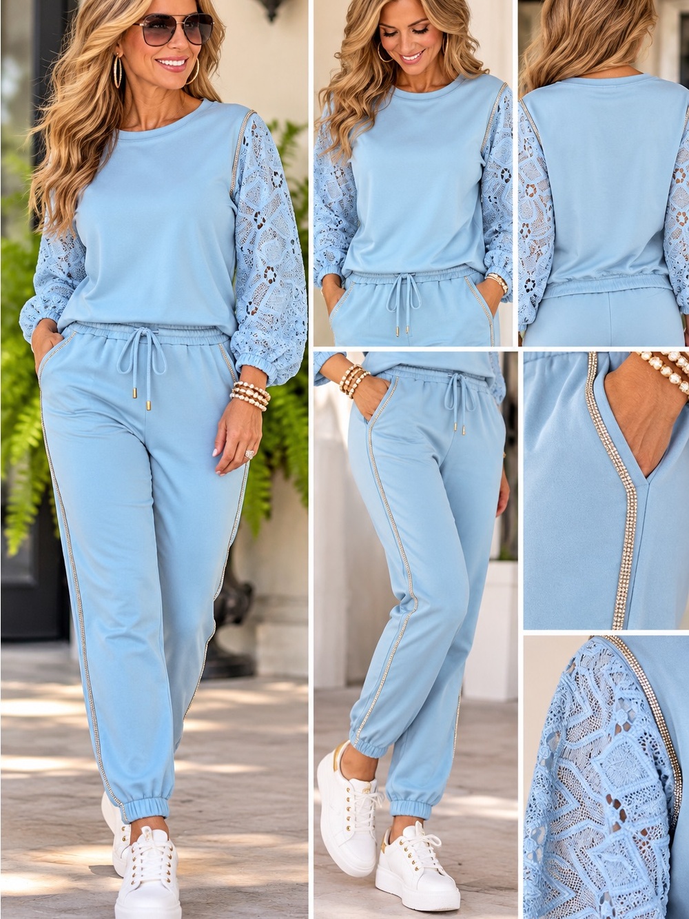 NEW Boston Proper Blue Lace Rhinestone Jogger Set XXS/XS
